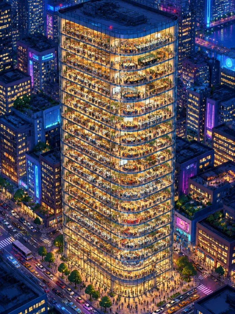 Dense Nighttime Isometric Office Tower