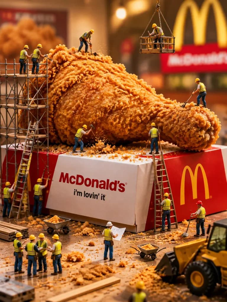 Miniature Workers Sculpting Giant Fried Chicken