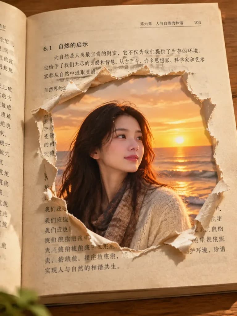破れた本のポータルと海辺のポートレート