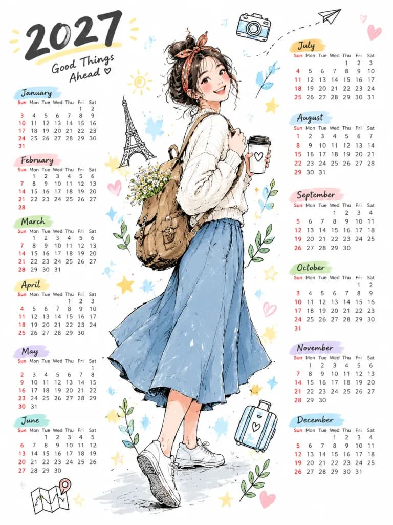 한국풍 낙서 스타일 탁상 달력 일러스트