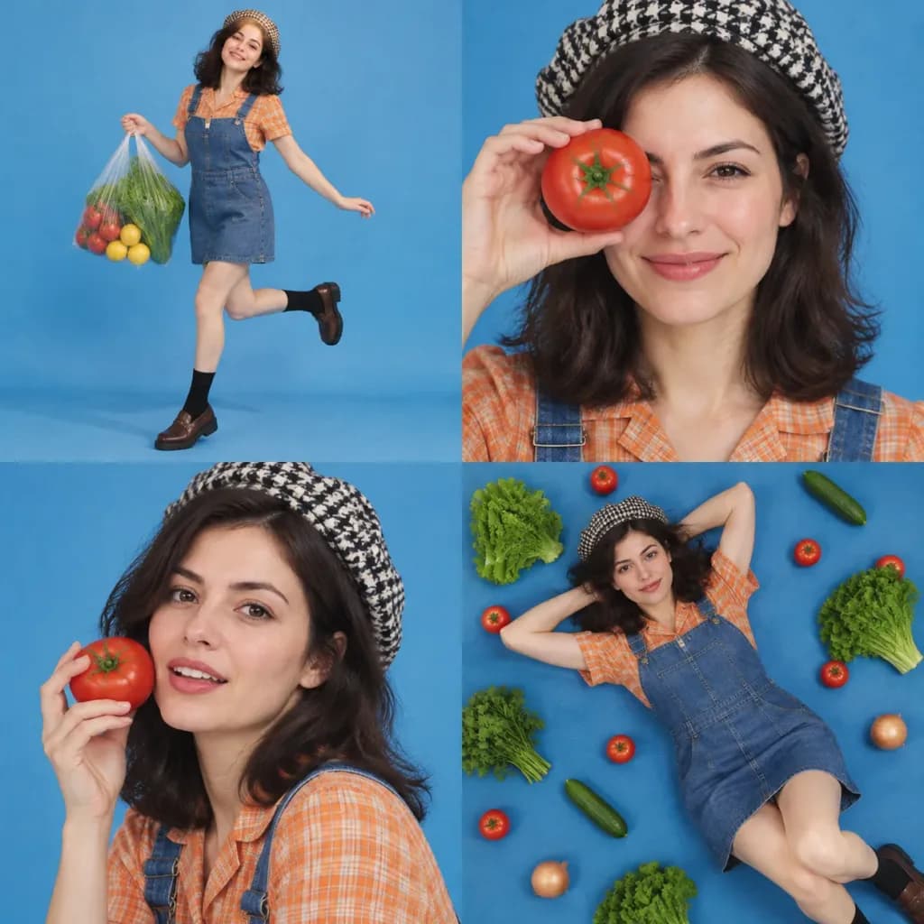 Retro Market Girl Four-Panel Collage