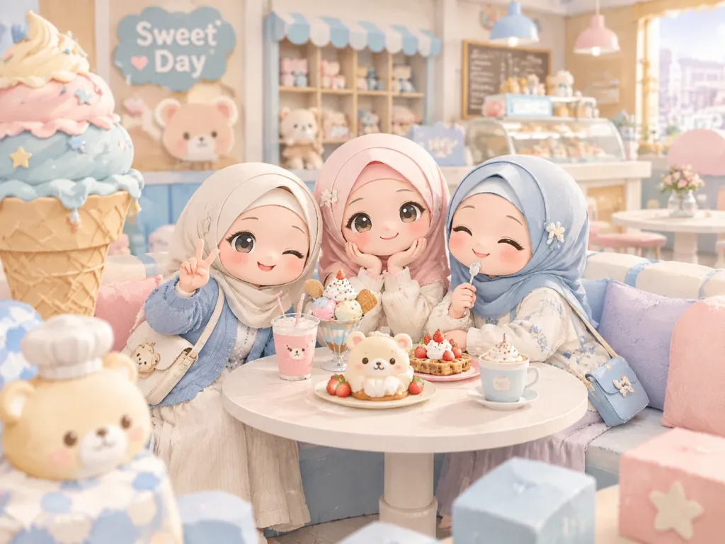 Personnages Chibi Musulmans au Café Pastel