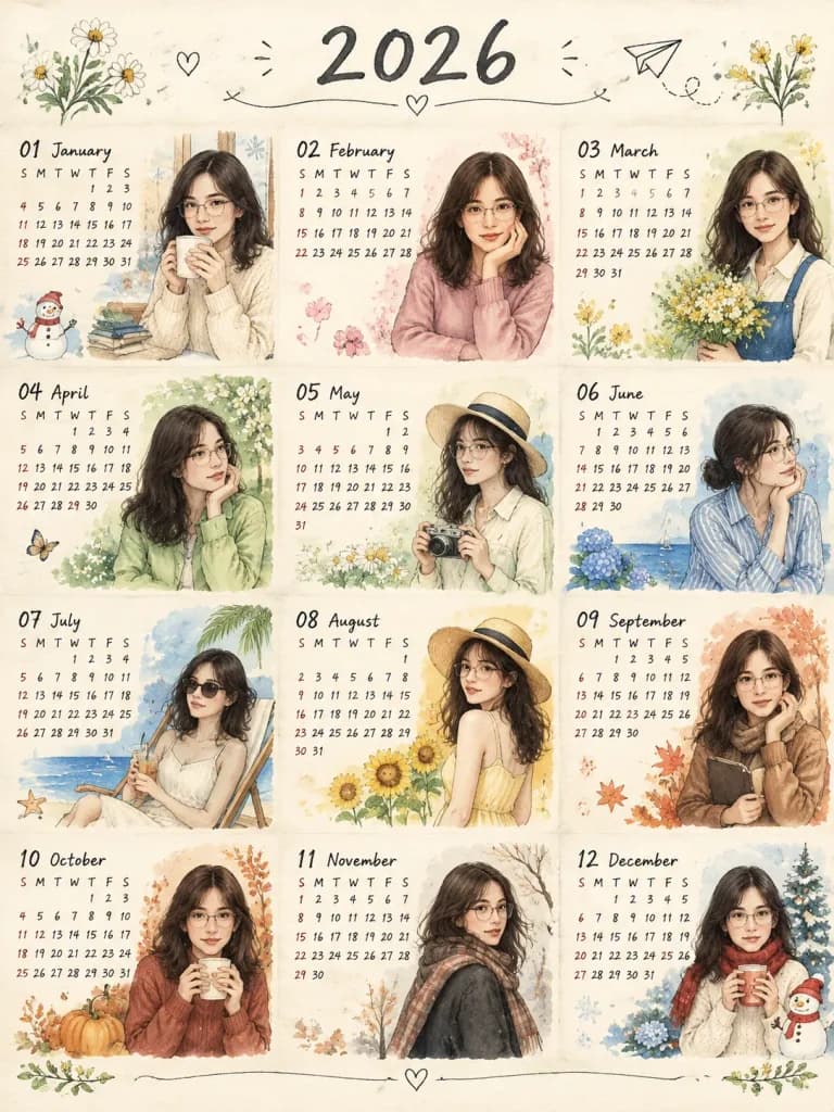 수채화 일러스트 연간 달력 포스터