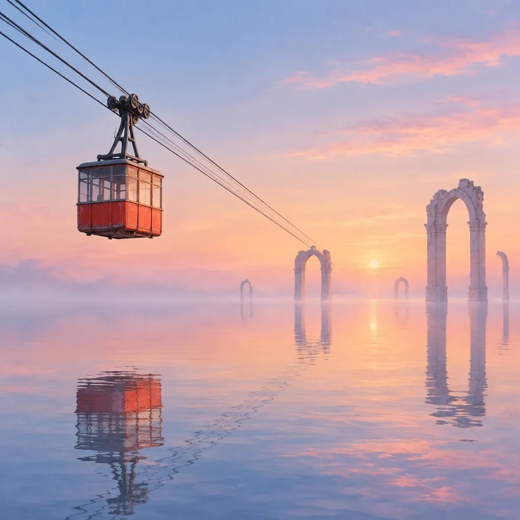 Vintage Red Cable Car over Flooded Dawn Plain