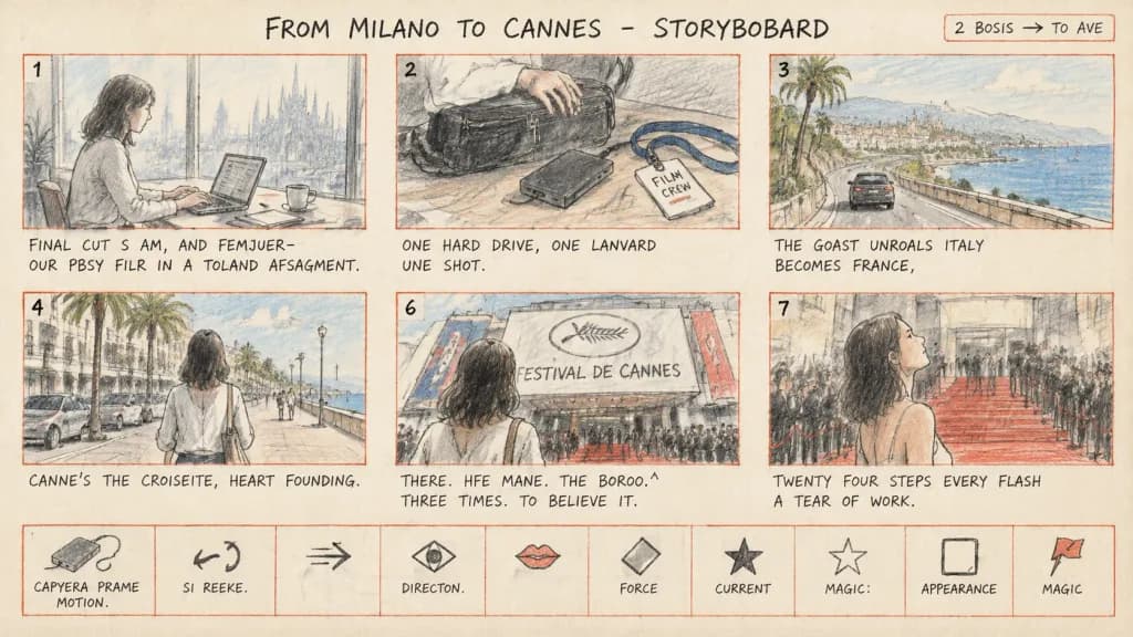 Milano to Cannes Hand-Drawn Storyboard Sheet