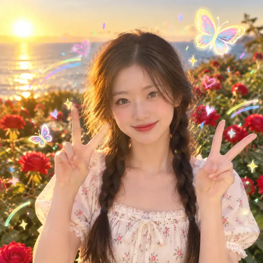夕暮れの海辺のバラ園ポートレート