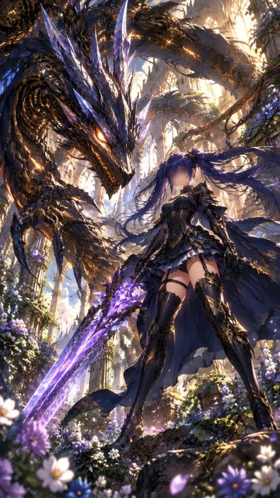 Cathedral Ruins Swordswoman and Cybernetic Dragon