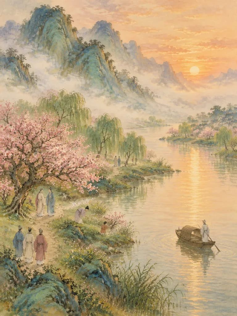 Classical Chinese Spring Riverscape Painting