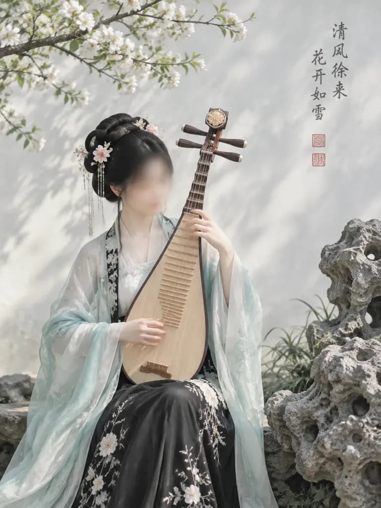 古典庭園の漢服琵琶ポートレート
