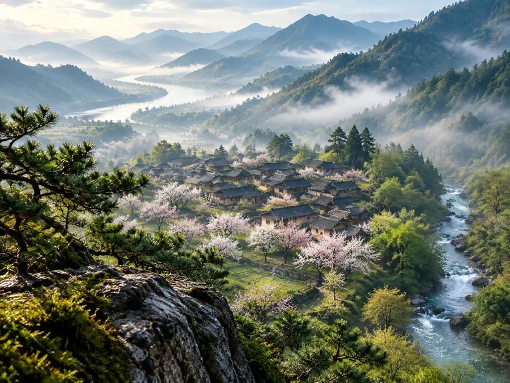 朝霧に煙る春の山村風景