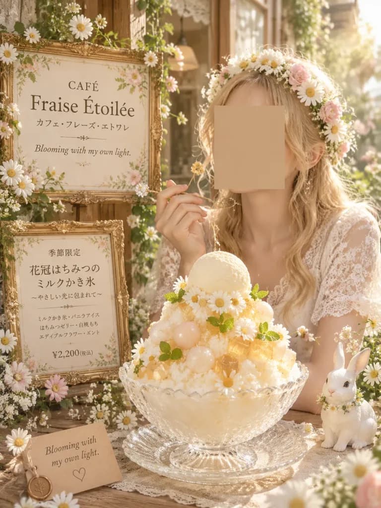コテージコア風フラワーかき氷カフェ広告
