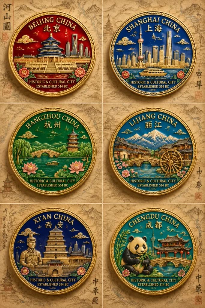 Chinese Landmark Cloisonné Enamel Medals
