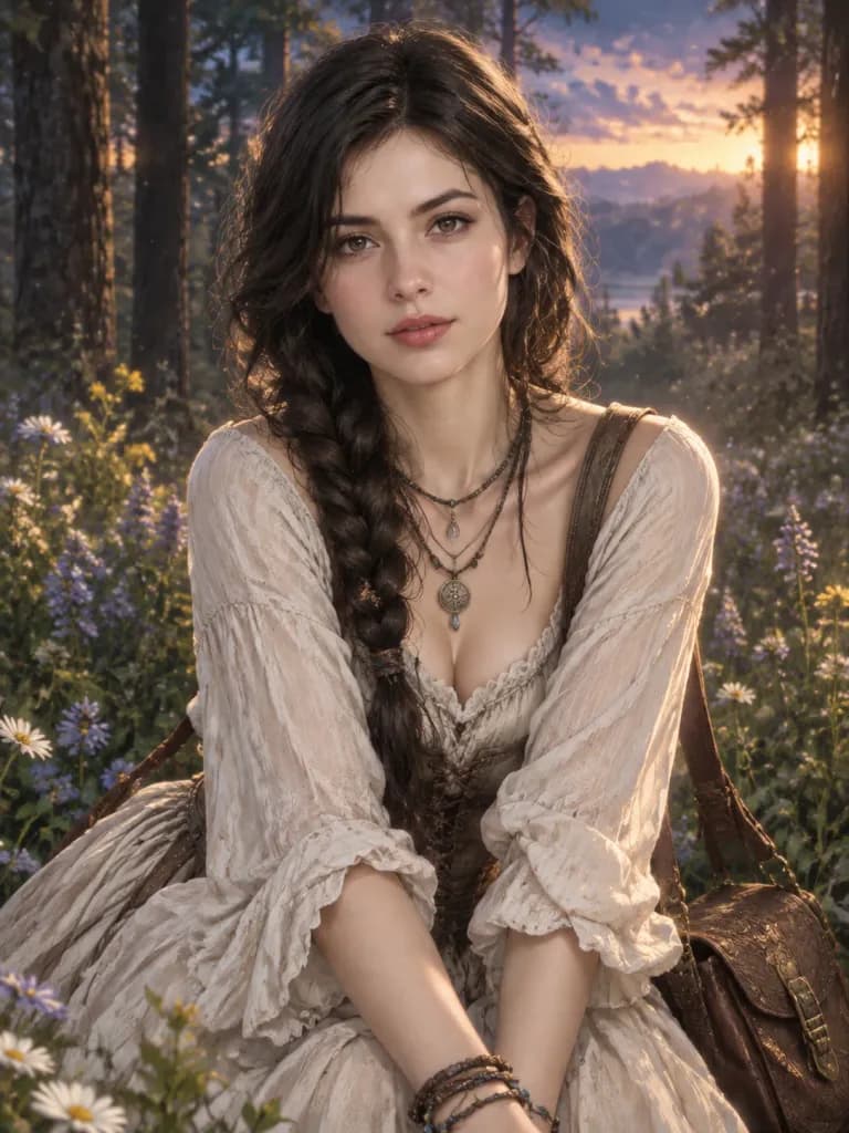 Semi-Realistic Anime Woman in Dusk Forest