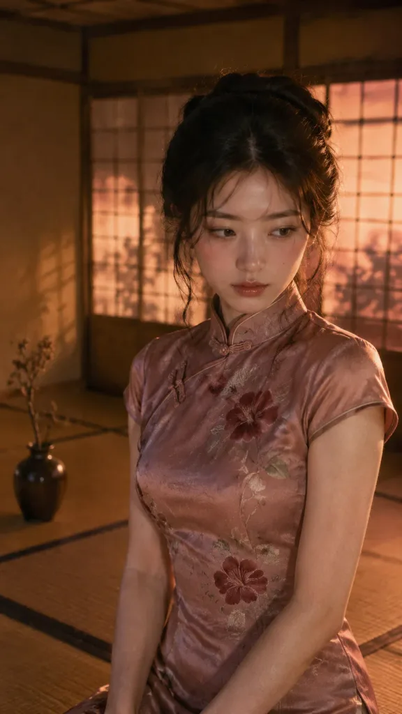 East Asian Woman in Tatami Room at Dusk