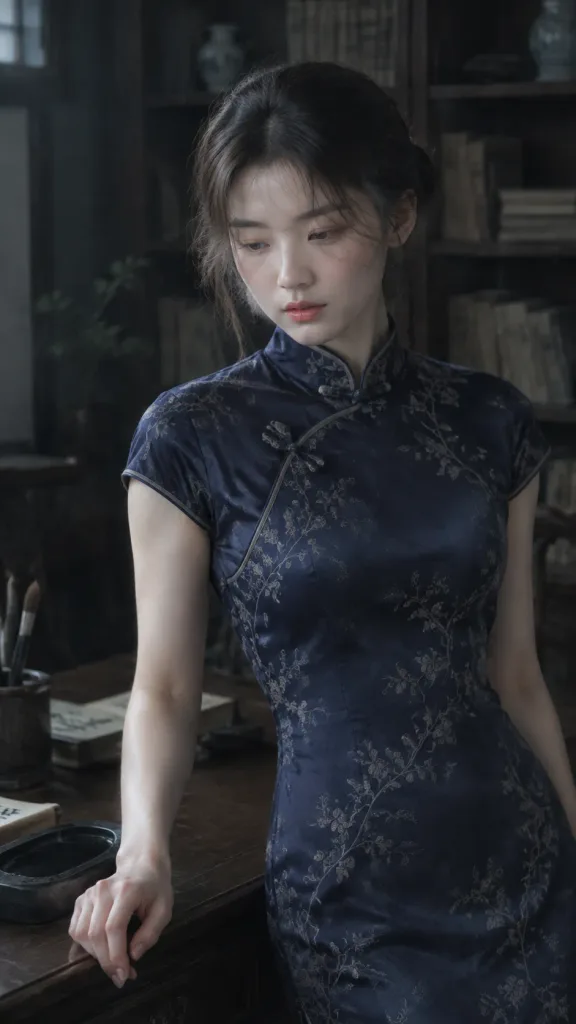 전통 서재 속 동양 여성의 초상