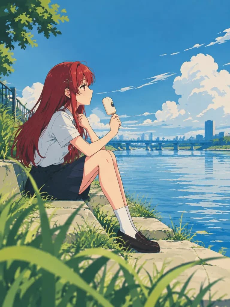 レトロポップ調アニメ河川敷ビジュアル