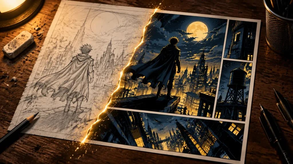 Comic Sketch to Inked Page Transition