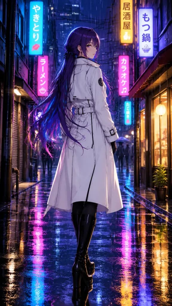 雨夜霓虹小巷中的動漫少女