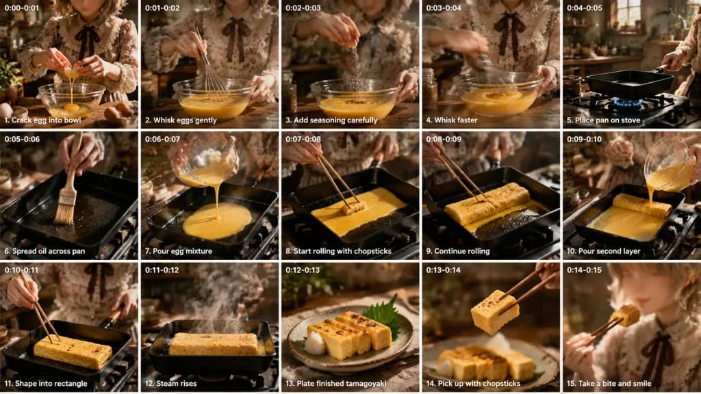 Cinematic Tamagoyaki Cooking Storyboard Grid