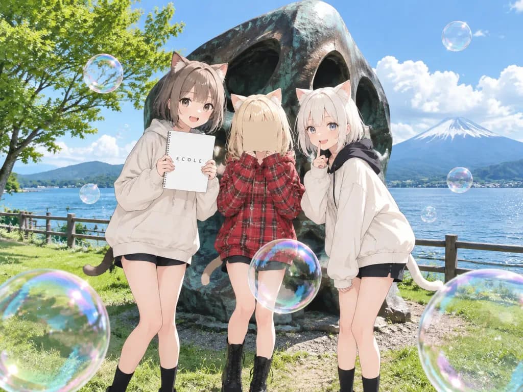 Garotas-gato de anime na escultura do lago