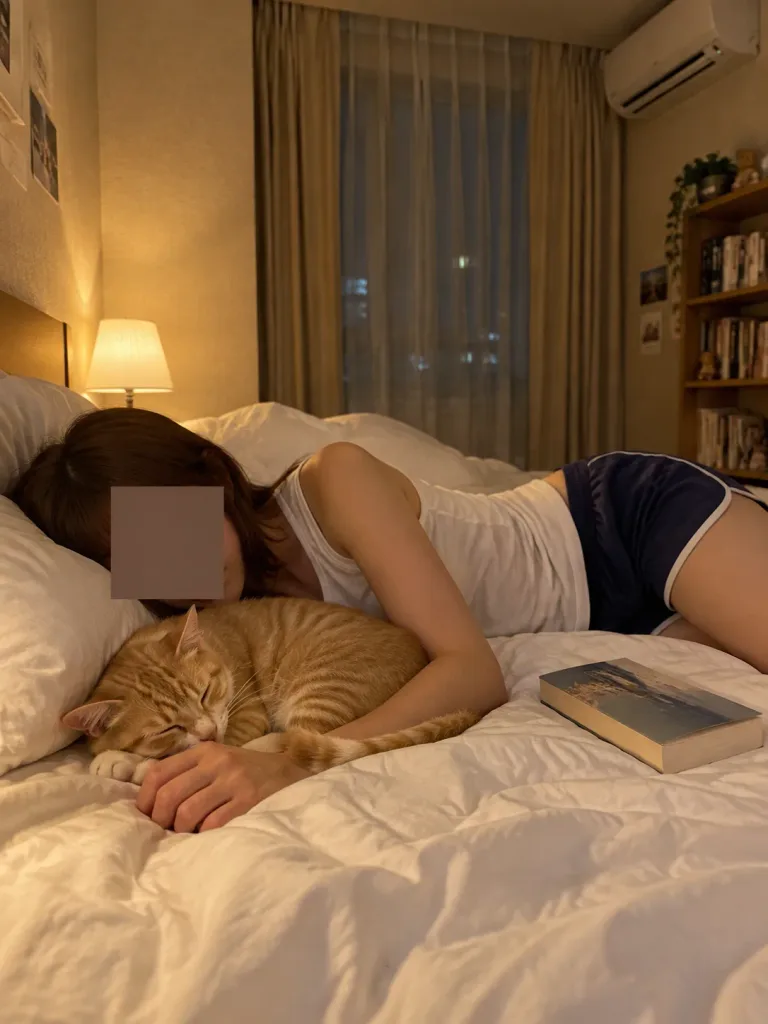 Cozy Bedroom Nap Beside Orange Cat