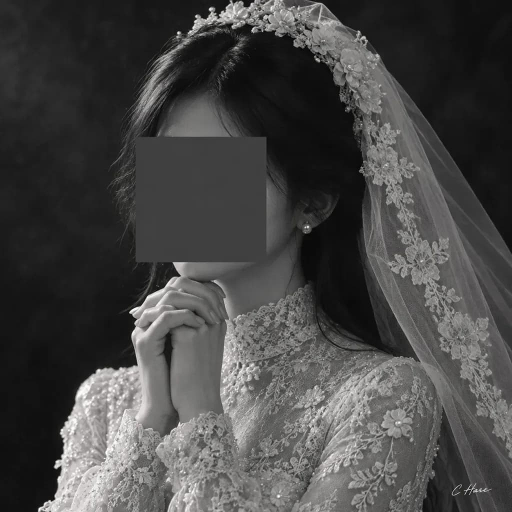 얼굴이 가려진 흑백 베일 신부 포트레이트