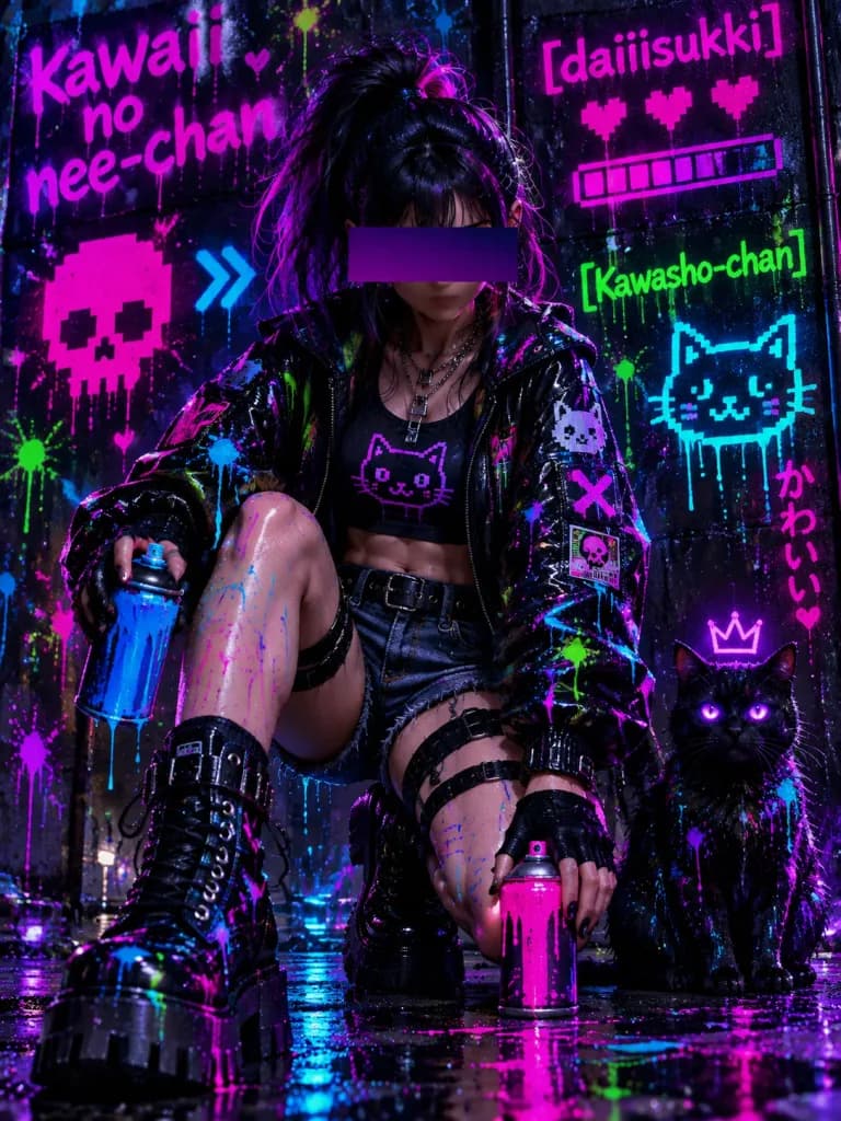 Cyberpunk Graffiti Punk Girl with Black Cat
