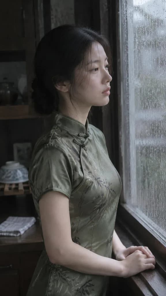 비 오는 날 주방 창가의 캔디드 인물 사진