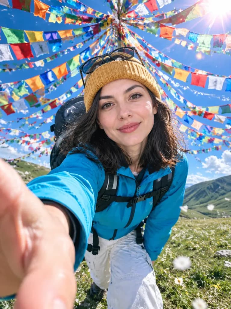 高山草原と祈祷旗の旅行セルフィー