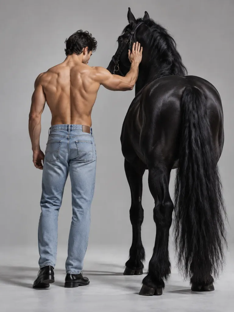 黒馬と男性のミニマルスタジオポートレート