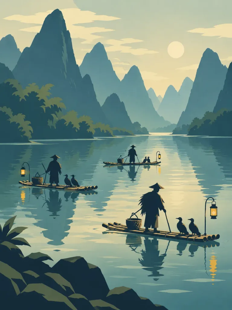Póster de Viaje Minimalista de Pesca con Cormoranes