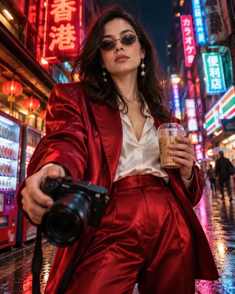 Red Satin Suit Neon Night Portrait