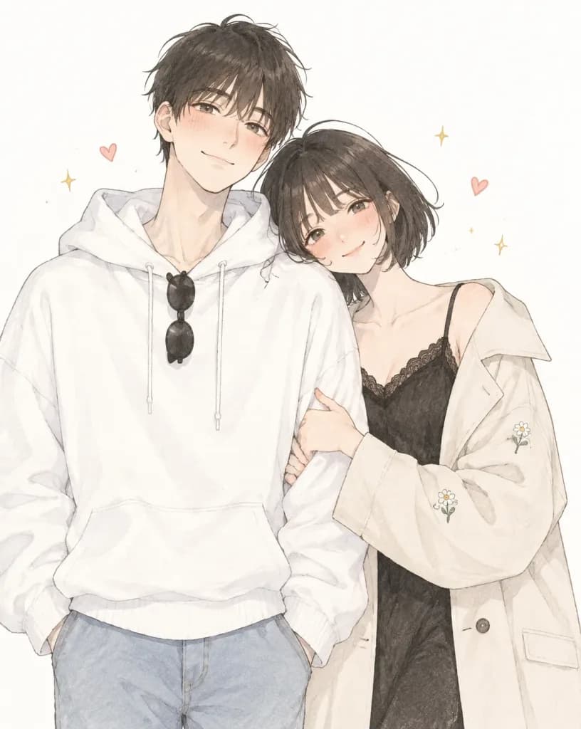 Minimalist Watercolor Anime Couple Portrait