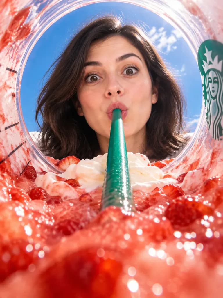 ドリンクカップ底からの魚眼見上げ視点