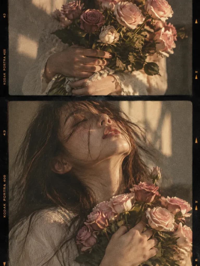 Cinematic Romantic Rose Bouquet Portrait