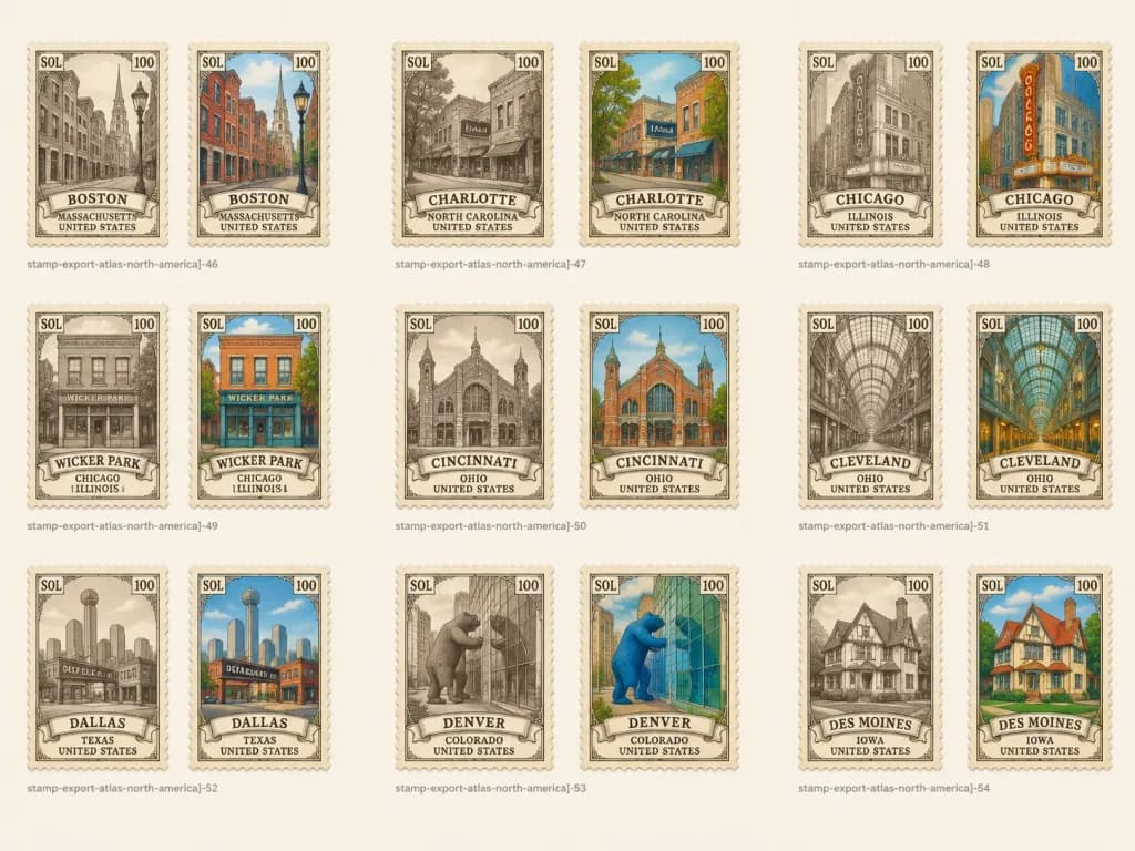 Vintage City Postage Stamp Grid Sheet
