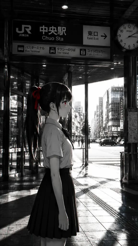 車站剪影下的動漫女學生