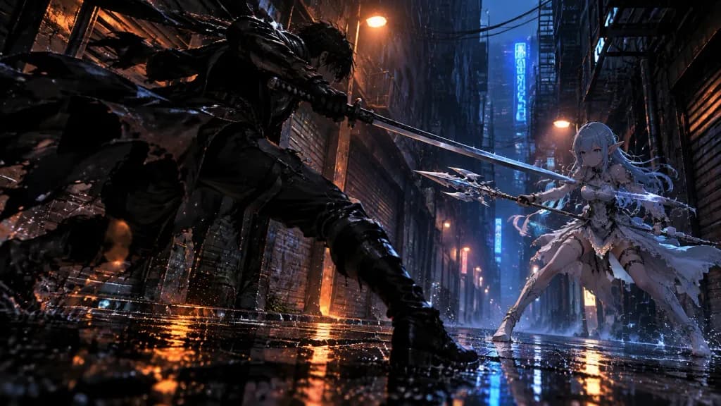 Duello Anime in un Vicolo Cyberpunk