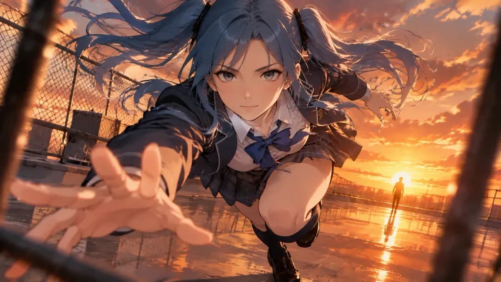 Anime Rooftop Sunset Action Scene