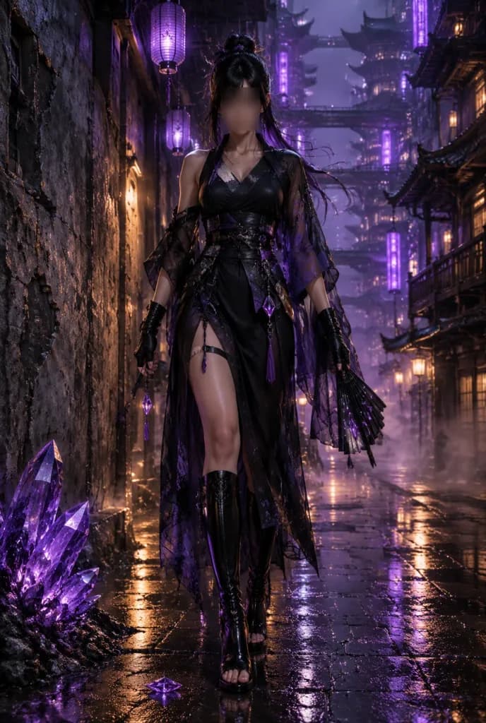 Cyberpunk Violet Assassin Rain Portrait