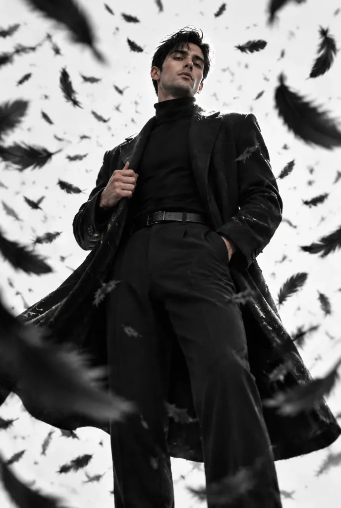 Monochromatic Studio Portrait with Floating Feathers