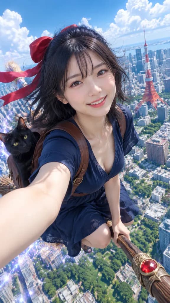 東京上空を飛ぶ魔女のセルフィー