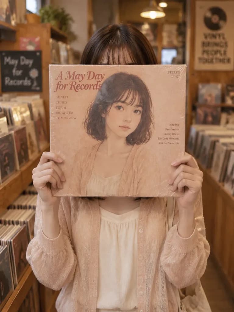 レコード店のスリーブフェイス錯視ポートレート