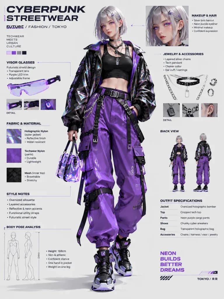 Cyberpunk Streetwear Fashion Blueprint Sheet