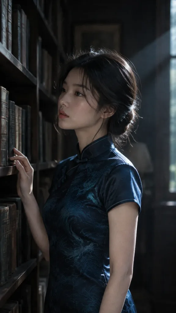 Woman in Silk Qipao by Bookshelf