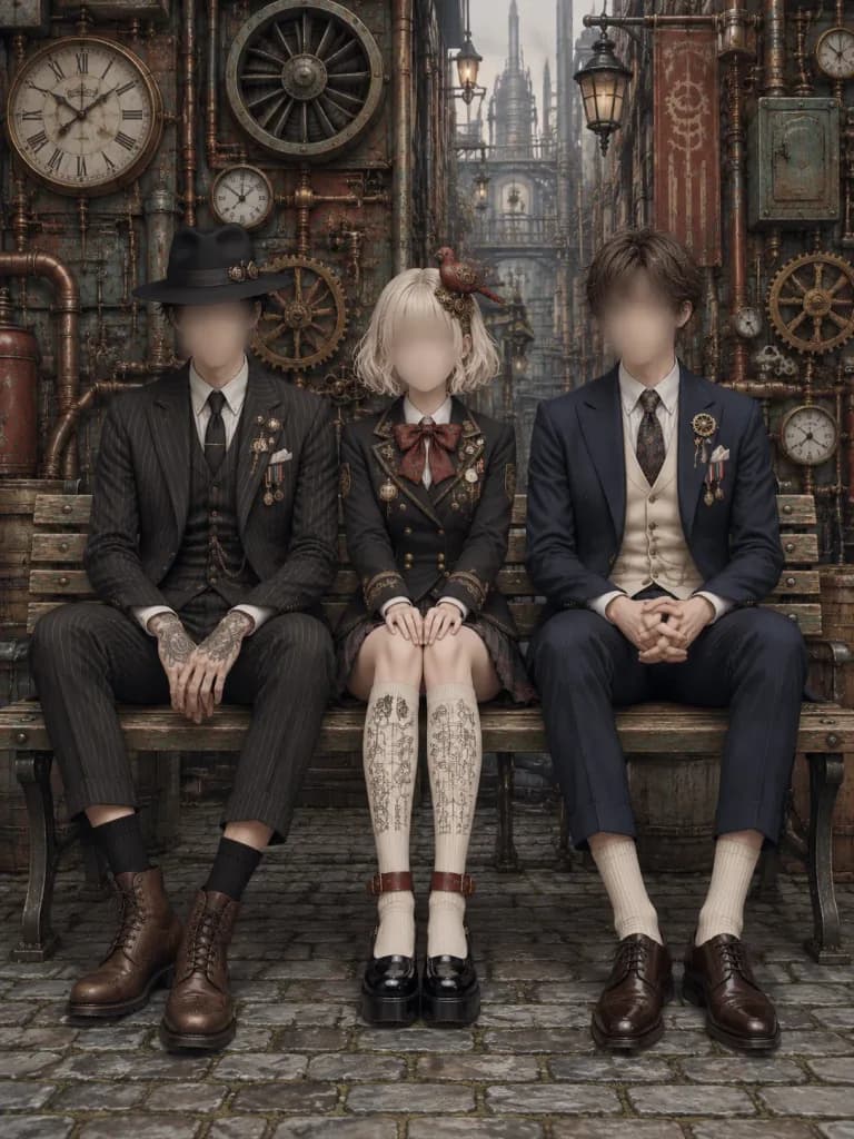 나무 벤치 위의 스팀펑크 3인 포트레이트