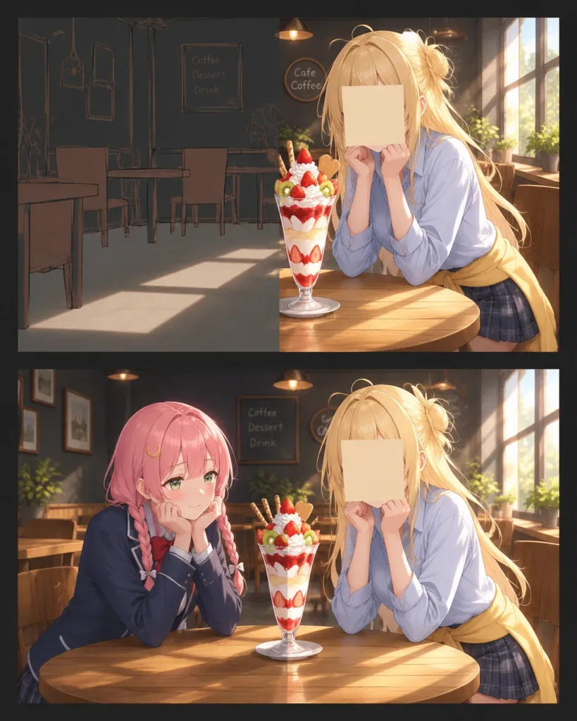 Two-Panel Anime Cafe Process Comparison
