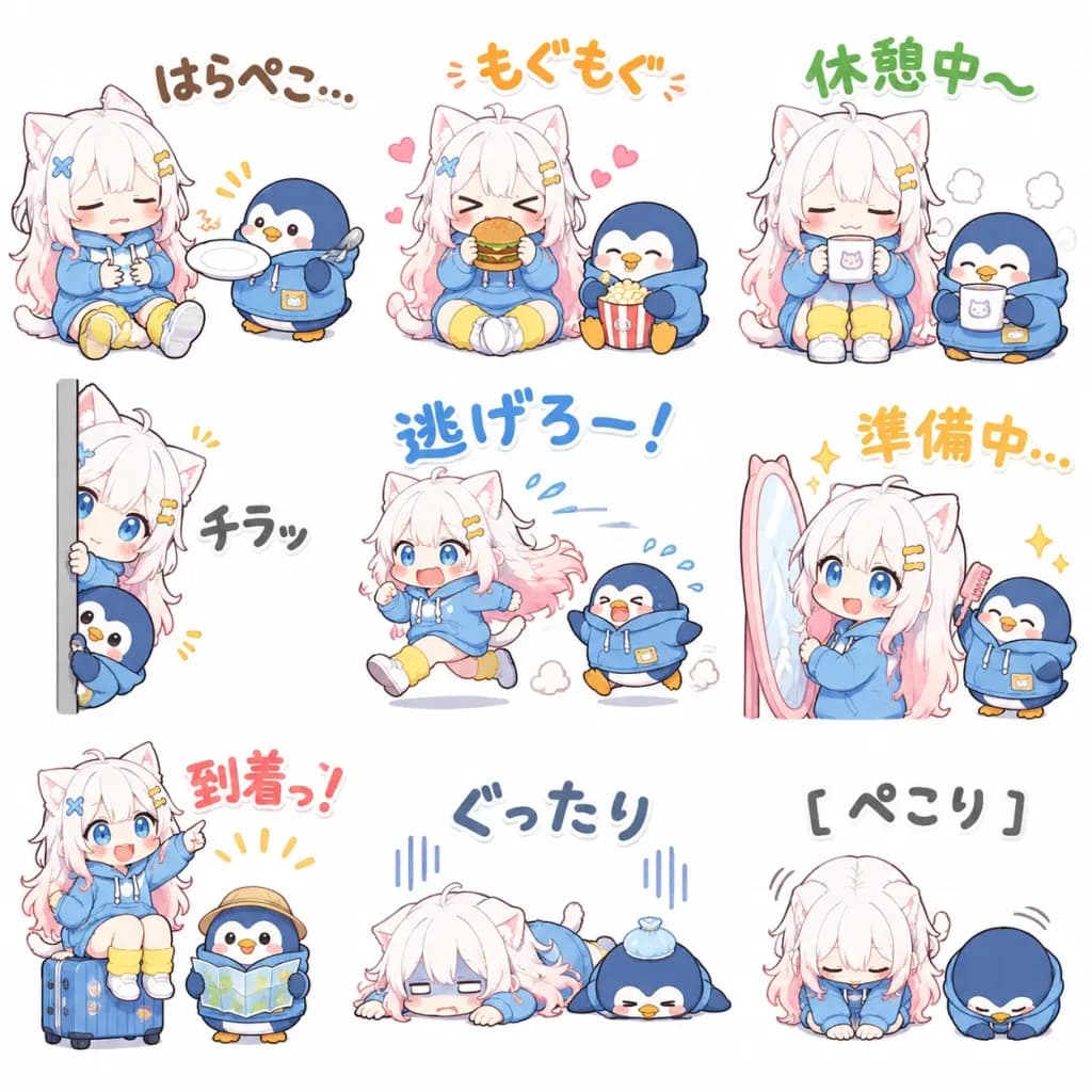 Chibi Cat Girl and Penguin Sticker Sheet