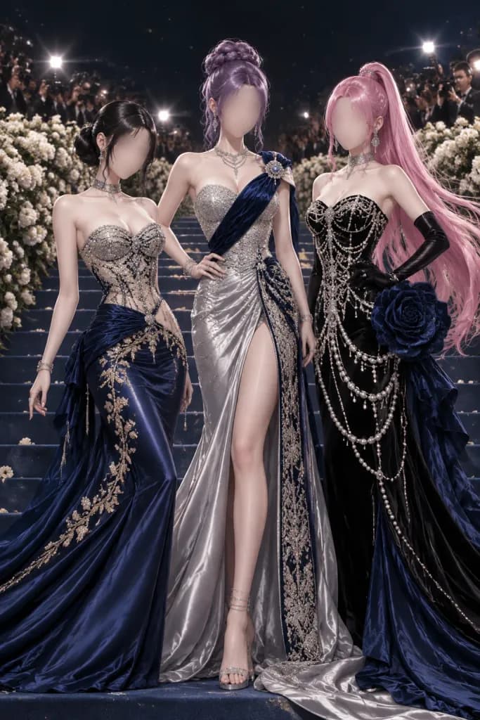 Anime Couture Trio on Met Gala Stairs