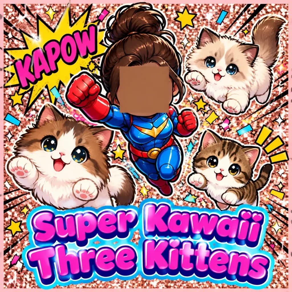 Kawaii Chibi Superhero Kitten Comic Poster
